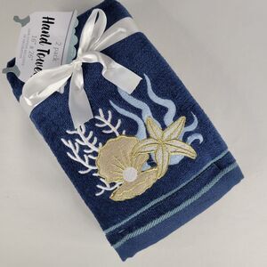 Set 2 Blue Bathroom Hand Towels Beach Embroidered Gold Starfish Shells Nautical